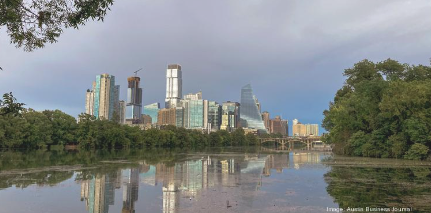A view of downtown Austin from Zilker Park in August.